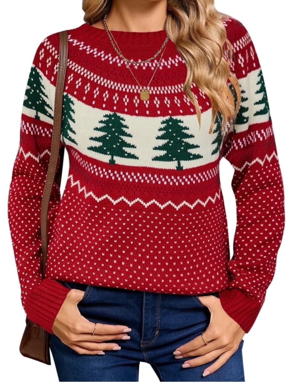 Women’s Red Holiday Sweater with Green Tree Pattern